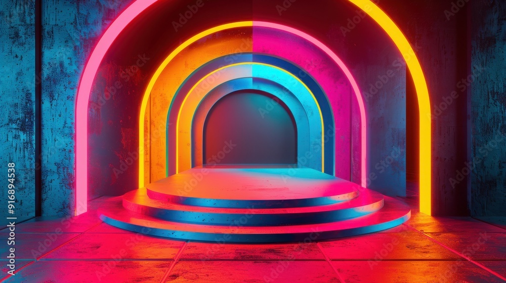 Vibrant, illuminated arches in a modern setting create a dynamic atmosphere, perfect for creative projects and artistic backgrounds. Vibrant, illuminated arches in a modern setting create a dynamic atmosphere, perfect for creative projects and artistic backgrounds.
