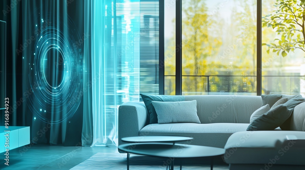 Modern living room with stylish decor, large windows, and futuristic elements, creating a bright and inviting atmosphere. Modern living room with stylish decor, large windows, and futuristic elements, creating a bright and inviting atmosphere.