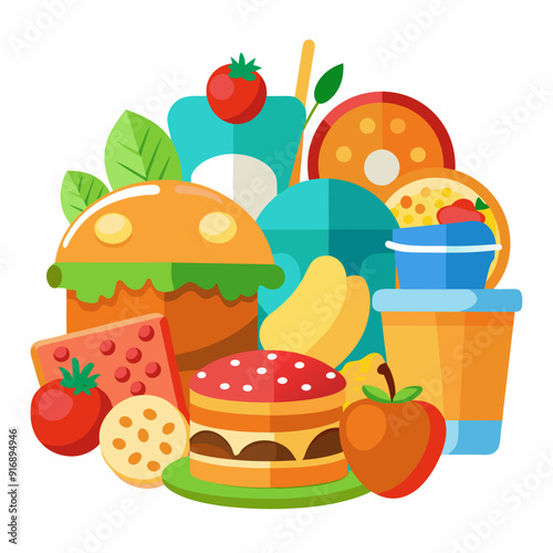 Colorful Illustration of Various Foods and Drinks
