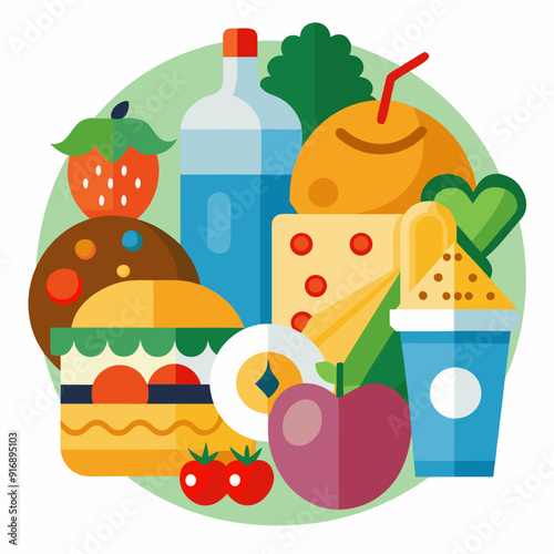Flat Design Illustration of a Variety of Foods