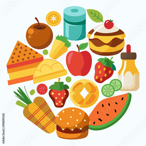 A Circle of Diverse Food Items, Including Fruits, Vegetables, and Snacks