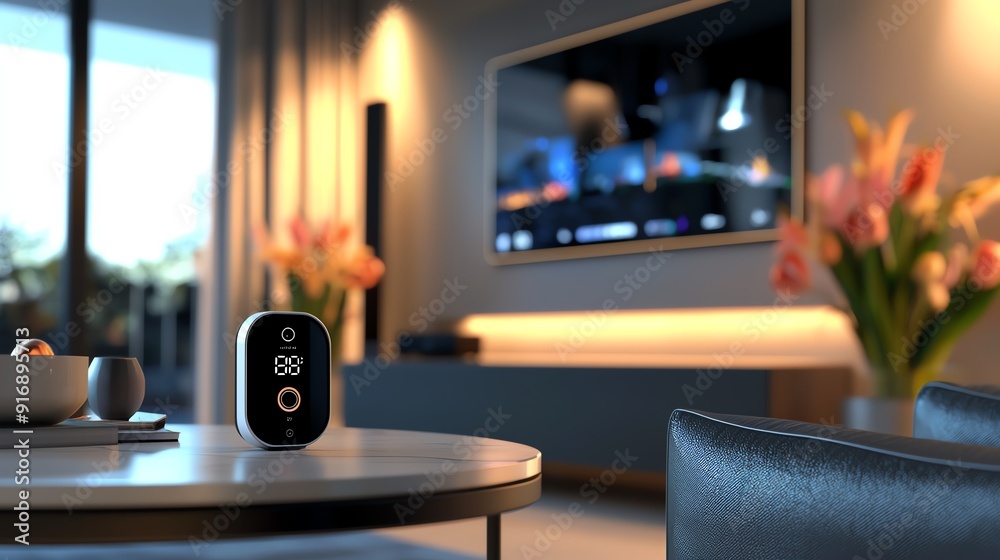 Modern smart home device on a stylish coffee table with a cozy living room setting featuring a television and flowers. Modern smart home device on a stylish coffee table with a cozy living room setting featuring a television and flowers.