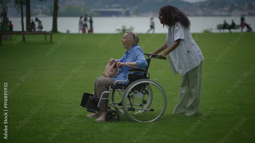 A caring caregiver helps an elderly person in a wheelchair enjoy nature in a beautiful park A caring caregiver helps an elderly person in a wheelchair enjoy nature in a beautiful park