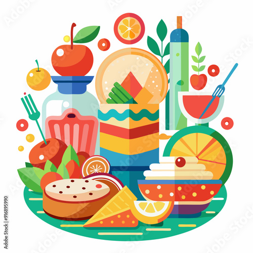 Colorful Still Life of Fruits, Desserts, and Beverages