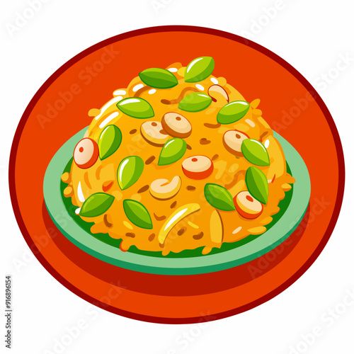 A Serving of Yellow Rice with Cashews, Raisins, and Green Leaves on a Green and Orange Plate