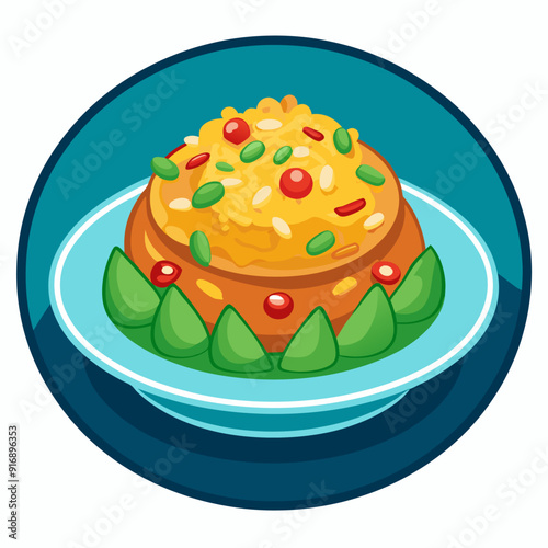 A colorful mound of rice topped with red and green accents, served on a blue plate.