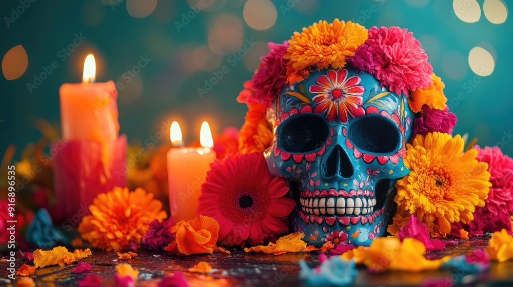 Colorful Day of the Dead Skull with Vibrant Flowers and Lit Candles Colorful Day of the Dead Skull with Vibrant Flowers and Lit Candles