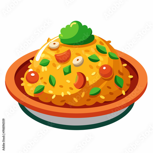 A Plate of Yellow Rice with Tomatoes, Onions, and Green Herbs