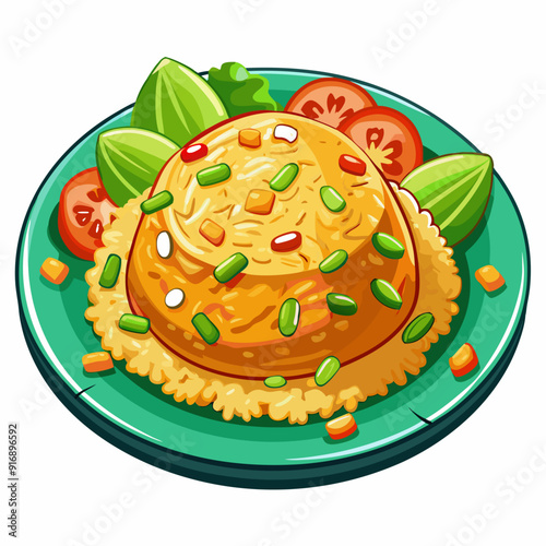 Fried Rice with Vegetables and Tomato Slices on a Green Plate