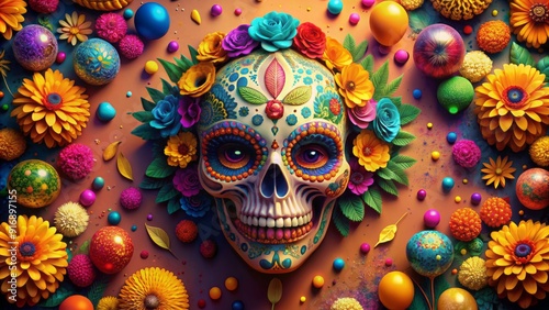 Vibrant sugar skull adorned with marigolds, glitter, and feathers, surrounded by festive balloons, papel picado, and confetti, in a kaleidoscope of colors. photo