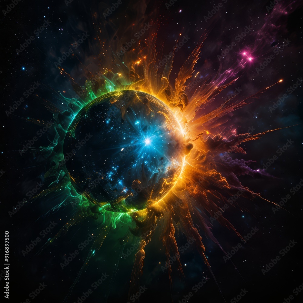 Obraz premium In a mesmerizing display of cosmic fireworks, a hypnotic holographic solar flare erupts with vibrant colors against the stark backdrop of an inky black sky. 