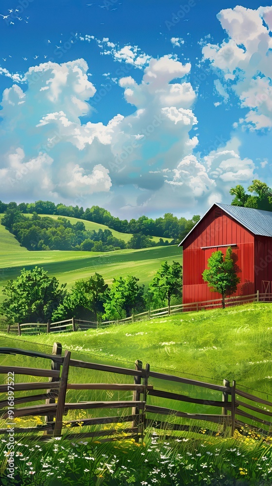 Peaceful Countryside Scene with a Red Barn. AI generated illustration Peaceful Countryside Scene with a Red Barn. AI generated illustration