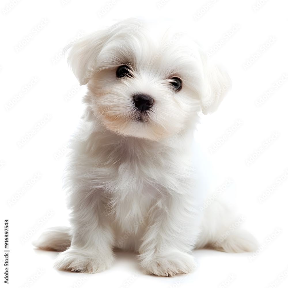 White Maltese Bichon puppy sitting looking at camera, isolated on all white background
White Maltese Bichon puppy sitting looking at camera, isolated on all white background