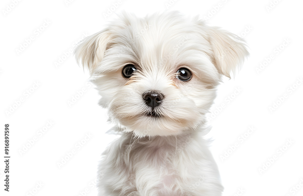 White Maltese Bichon puppy sitting looking at camera, isolated on all white background
White Maltese Bichon puppy sitting looking at camera, isolated on all white background