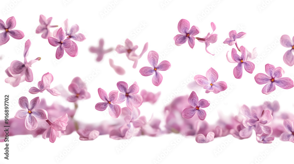 Falling lilac flowers isolated on a white background with full depth of field, high detail Falling lilac flowers isolated on a white background with full depth of field, high detail