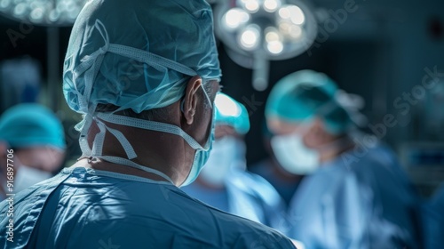 Closeup and back view of a male surgeon wearing surgical mask on in operating room at hospital photo