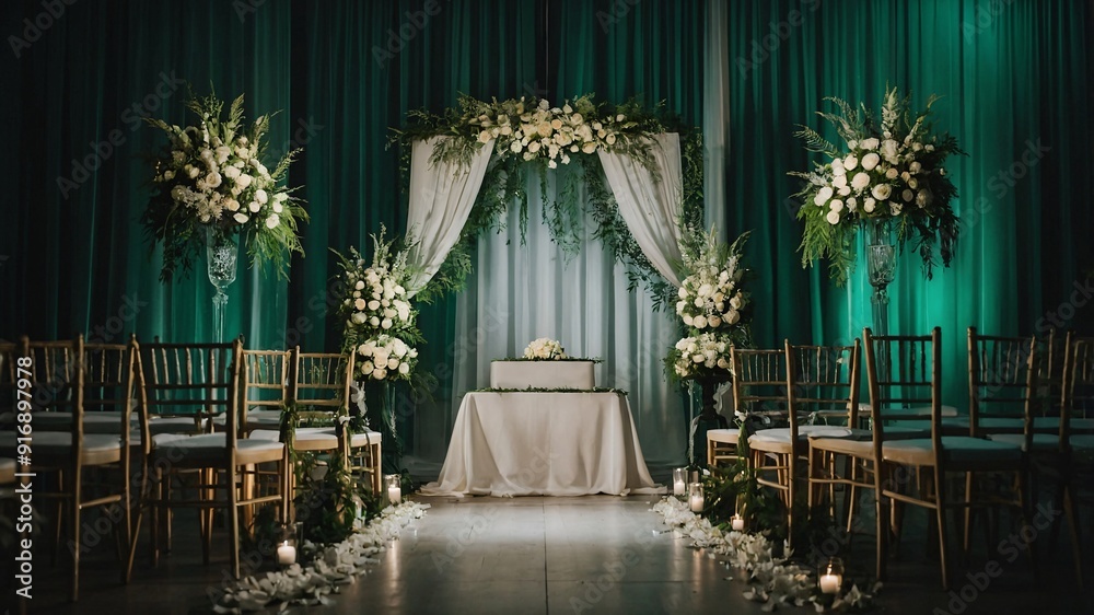 Wedding Ceremony Decor with Green Drapes and White Flowers Wedding Ceremony Decor with Green Drapes and White Flowers