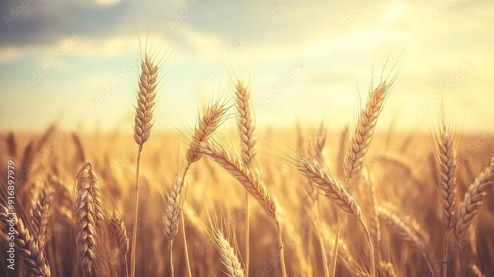 Wheat field at sunset. Ears of golden wheat close-up. Beautiful rural landscape. Rich harvest concept. Wheat field at sunset. Ears of golden wheat close-up. Beautiful rural landscape. Rich harvest concept.