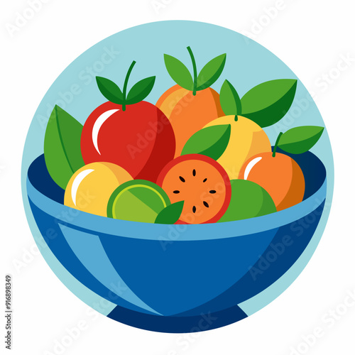 Colorful Fruit in a Blue Bowl with Green Leaves