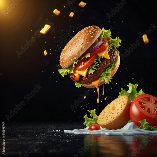 Burger with flying, fastfood, burger template, delicious food