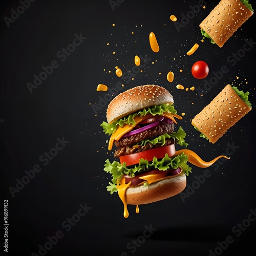 Burger with flying, fastfood, burger template, delicious food