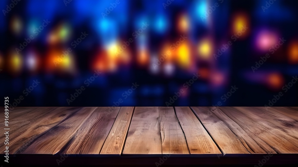 Wooden table, blurred bokeh background background. Neon light, night view, close-up. The general background of the interior, a dark background. Wooden table, blurred bokeh background background. Neon light, night view, close-up. The general background of the interior, a dark background.