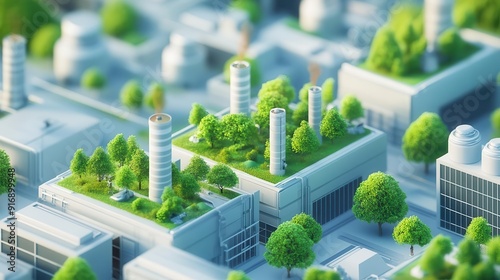 A factory with trees growing on rooftops, bright and sunny, illustration, promoting green energy and sustainability