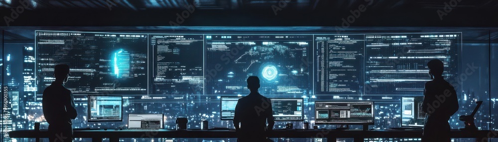 A team of engineers developing AI software on multiple screens, dark mode interface, tech office, high detail, cyberpunk A team of engineers developing AI software on multiple screens, dark mode interface, tech office, high detail, cyberpunk