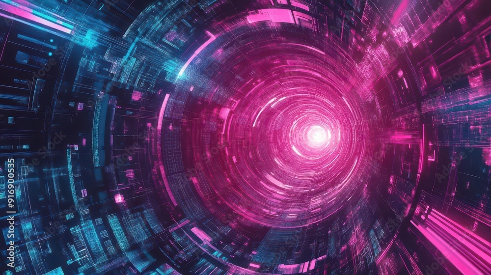 Fototapeta premium Abstract computer screen with neon signal transmission, surreal, neon pink, digital painting, intricate pathways
