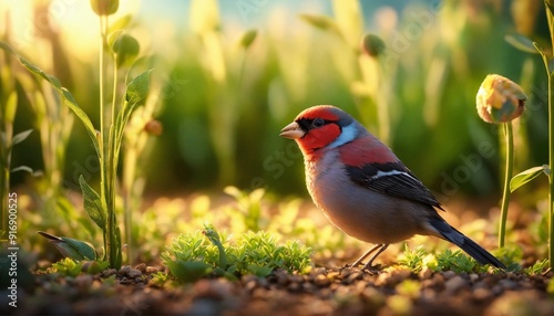 3D Illustration of a Small Finch Nurturing Plants in a Field with Ray Tracing and Volumetric Lighting – High-Quality Digital Art photo