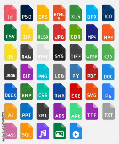This image features a collection of 47 colorful icons depicting various file types and multimedia formats, all designed in a flat style.