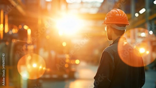 Industrial workers in helmets and uniforms stand with their backs turned, watching other workers working on machines as the sun sets.