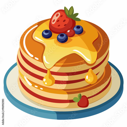 Stack of Pancakes with Syrup, Berries, and a Strawberry