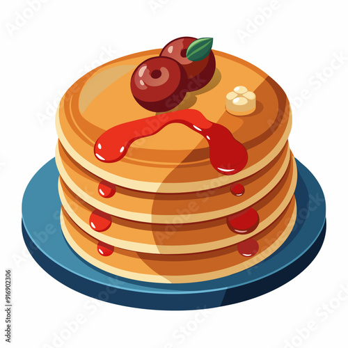 A Stack of Pancakes with Cherries and Syrup on a Blue Plate