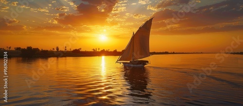 A sailboat is sailing on a calm lake at sunset photo