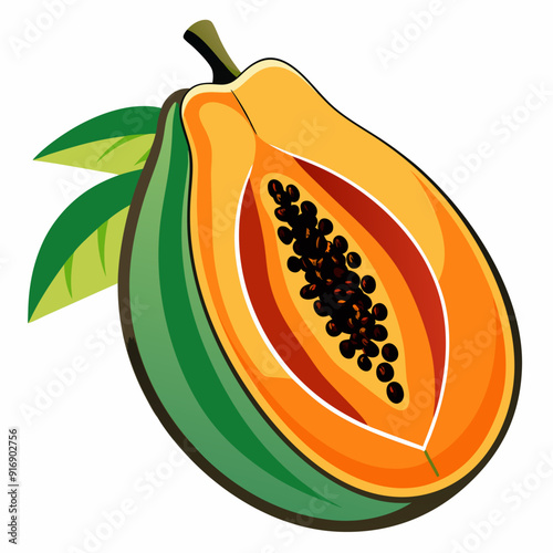 Half of a Ripe Papaya with Seeds and Leaves
