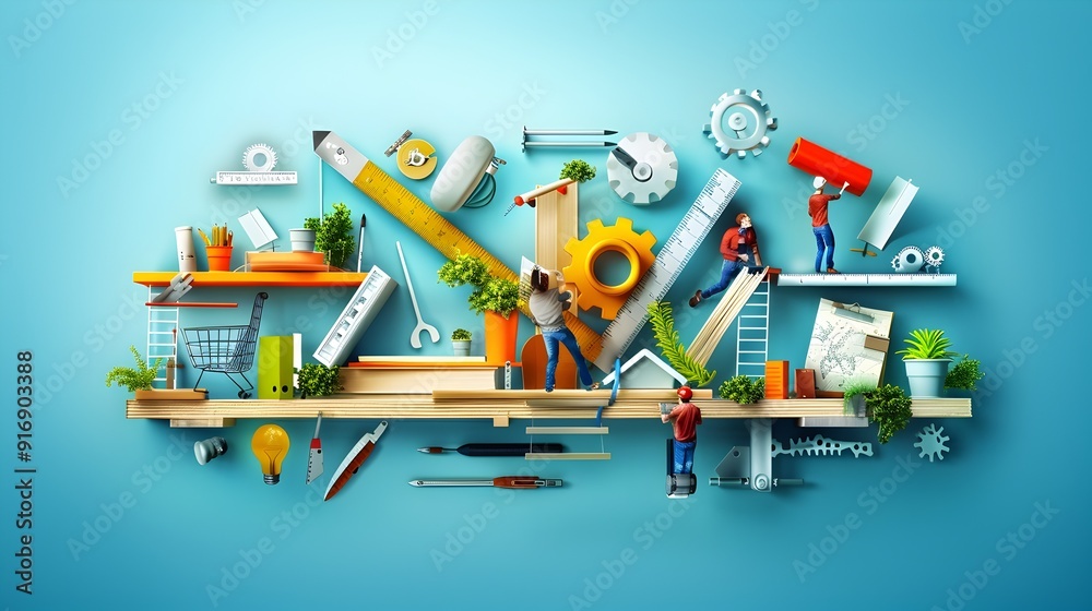Miniature Workers Building a Shelf with Tools and Objects. Miniature Workers Building a Shelf with Tools and Objects.