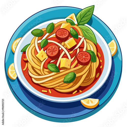 A Plate of Spaghetti with Tomato, Cheese, and Lemon Garnish