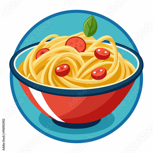 A Bowl of Spaghetti with Tomato Slices and a Basil Leaf