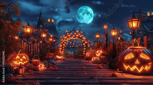 Enchanting Halloween Village Under a Full Moon