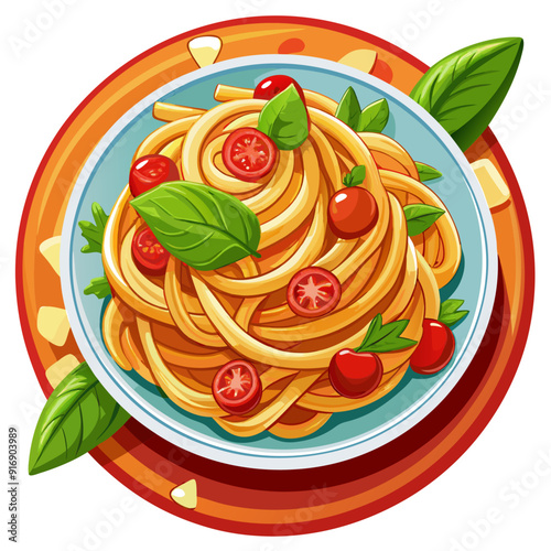 A plate of spaghetti with tomatoes and basil leaves