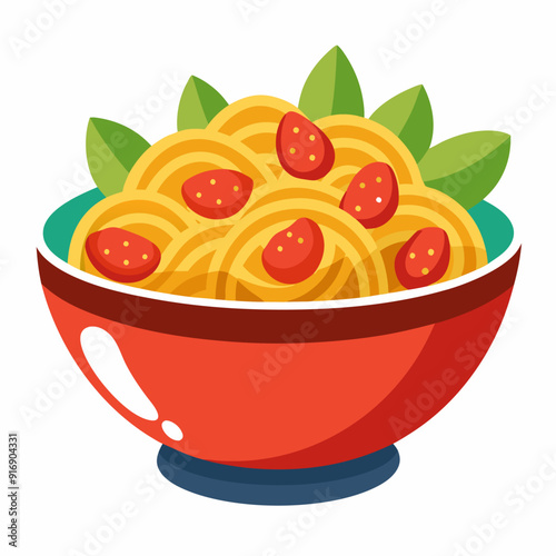 A Bowl of Spaghetti with Tomato Sauce and Basil Leaves