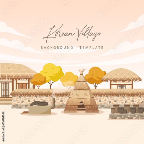 Korean folk village background. Korean farm house with kimchi hut and traditional outdoor stove.