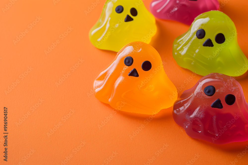 Jelly Candy Monster Shape, Halloween Fun, Copy Space Image, Children's Delight, Ghost and Pumpkin Decor, Trick or Treat, Festive Scene Jelly Candy Monster Shape, Halloween Fun, Copy Space Image, Children's Delight, Ghost and Pumpkin Decor, Trick or Treat, Festive Scene