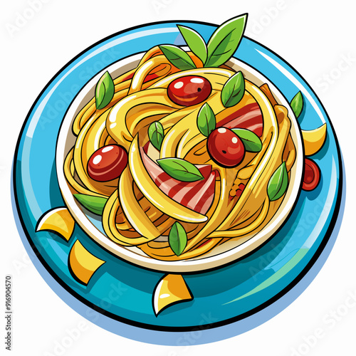 Cartoon Illustration of Pasta with Tomatoes and Bacon