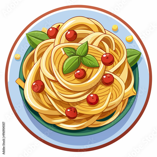 A plate of spaghetti with red berries, basil, and corn kernels