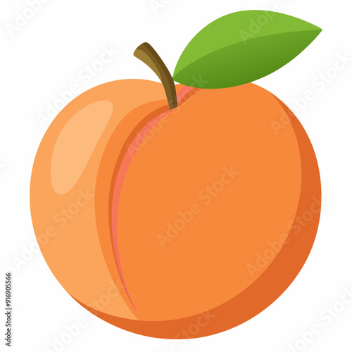 A Single Peach with a Green Leaf on a White Background
