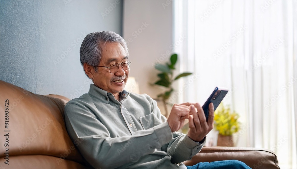スマホを使うシニア男性 スマホを使うシニア男性