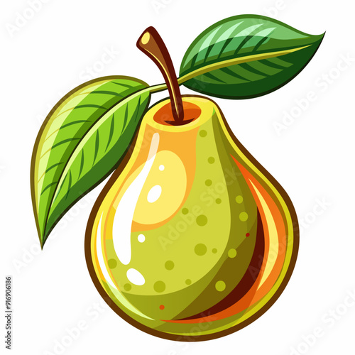 A Green Pear with Two Green Leaves and a Brown Stem