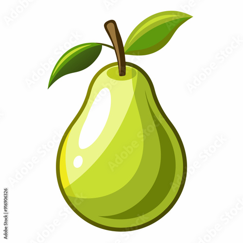 Green Pear with Two Leaves and a Brown Stem